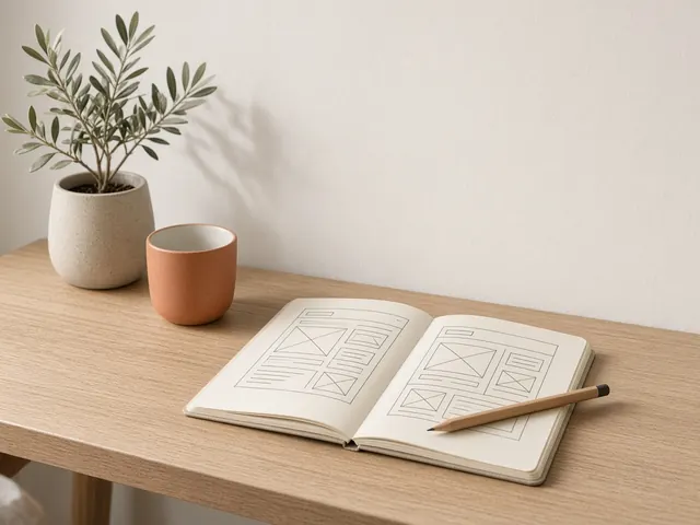 A light oak desk with an open notebook of hand-drawn page wireframes, a pencil and a terracotta cup.