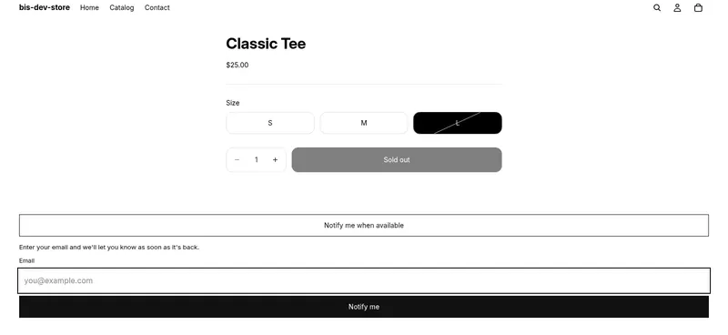 Product page with a sold-out size selected and a Notify me when available email form below the buy button.