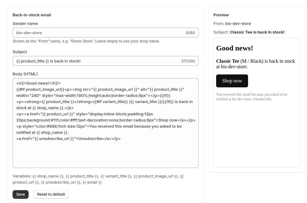 Email template editor with subject and HTML body fields next to a live preview.