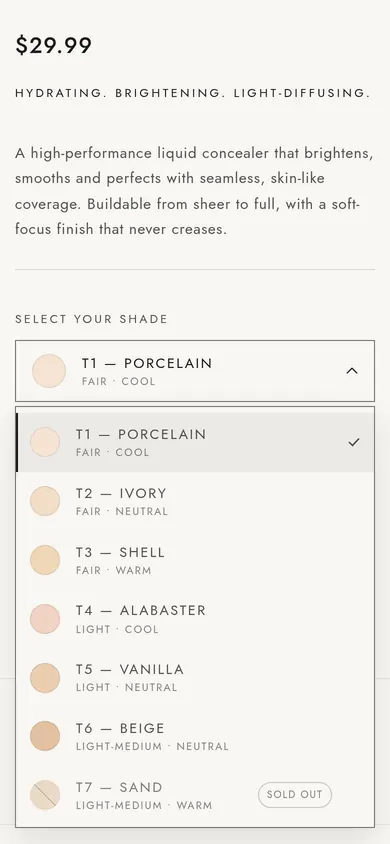 Shade dropdown open on a phone-sized screen.