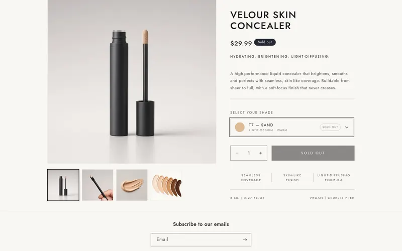 Dawn product page with a sold-out shade selected in the dropdown.