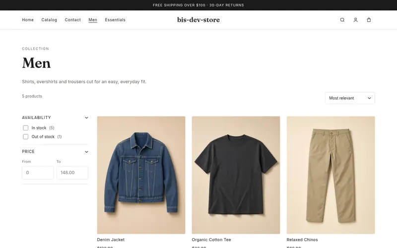Collection page with availability and price filters beside a product grid.