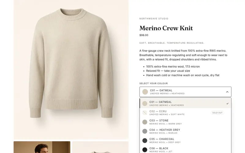 Hemline product page for a merino crew knit with the colour dropdown open, listing colours with round swatches and a description line under each name.