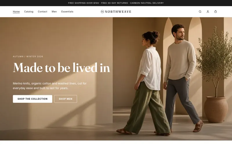 Hemline home page with a full-width editorial hero image and the Northweave logo.