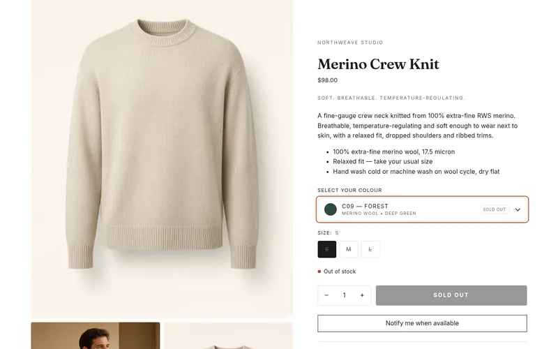 Closed colour dropdown showing a sold-out colour with a struck-through swatch and a Sold out pill.